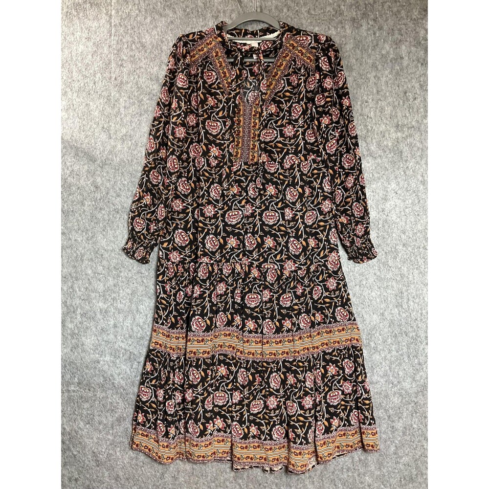 Boho Floral Midi Dress Womens Small Black Pink Long Sleeve Rayon Tiered Peasant